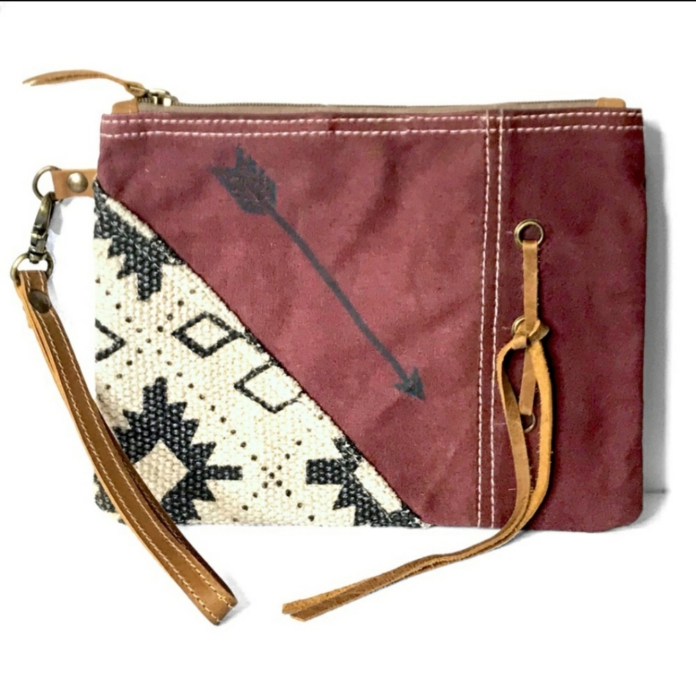 Handmade Upcycald Aztec genuine Leather clutch, Wristlet,  pouch